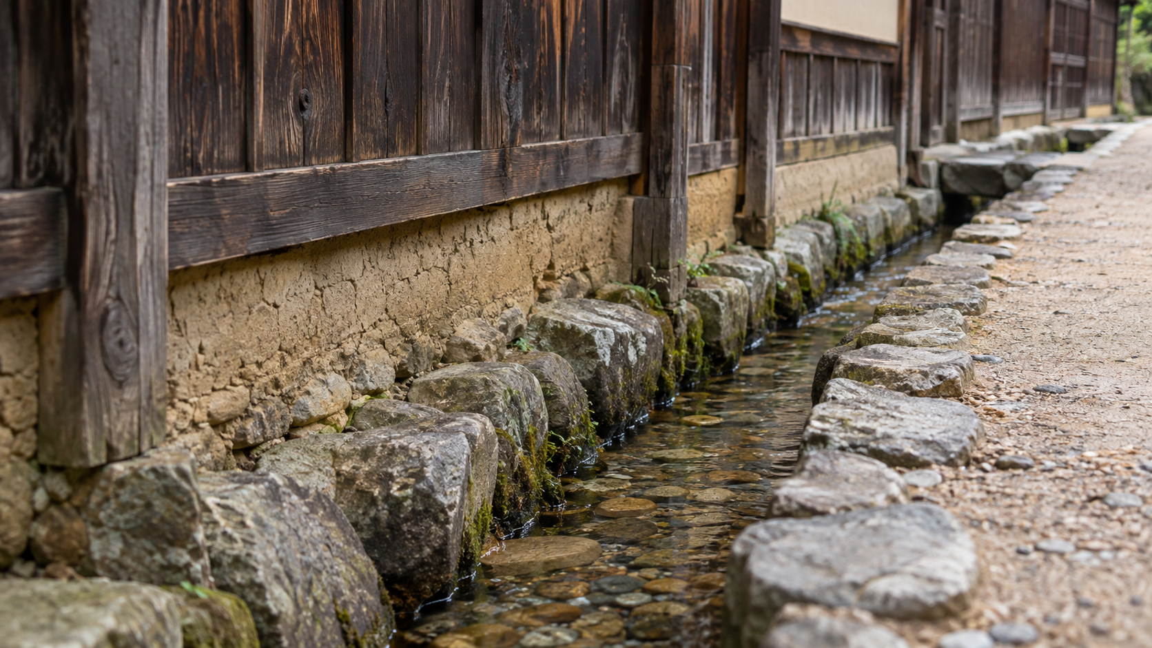 木造家屋の足元に水路が続く創作情景
