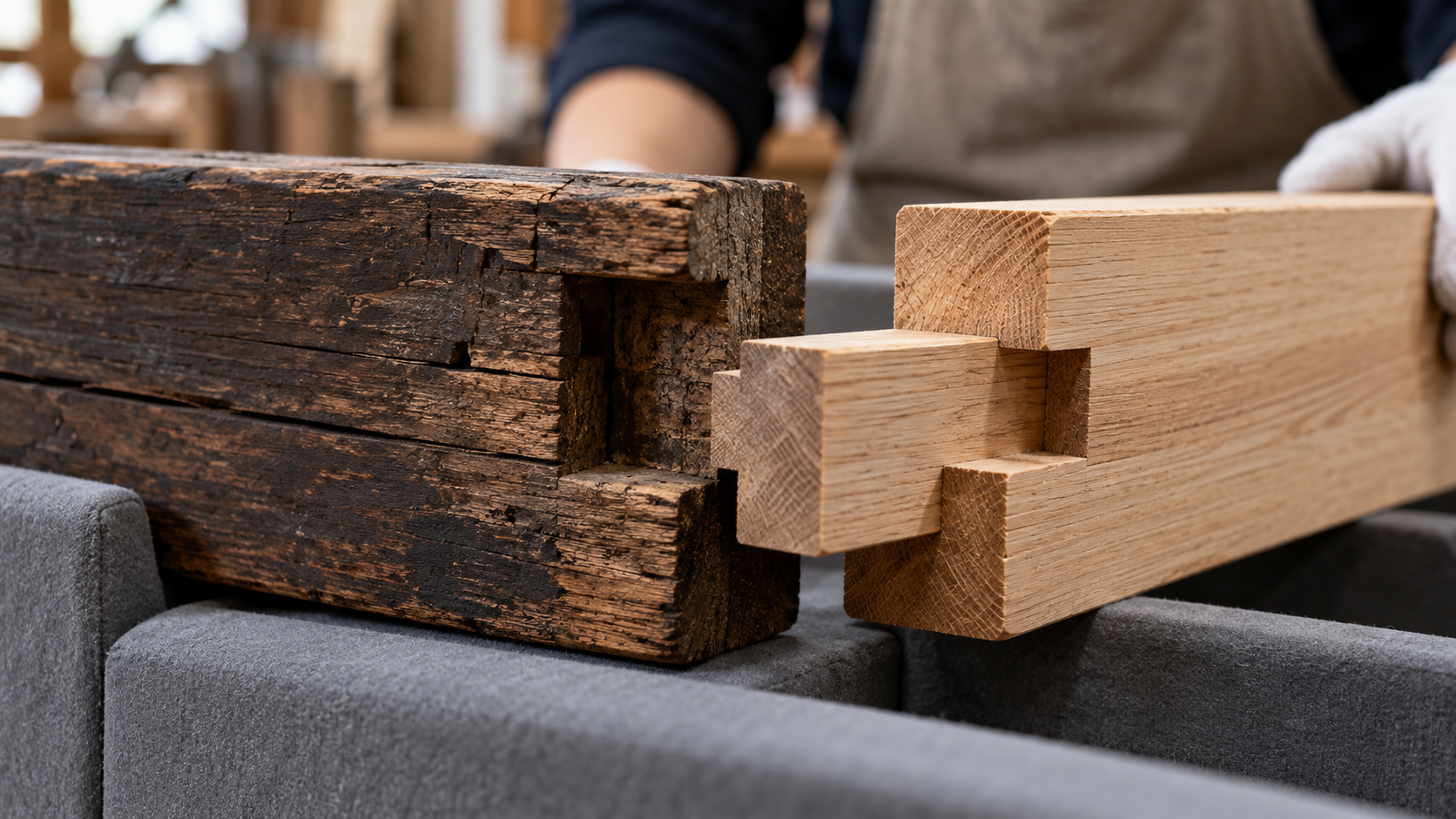 古材と新しい材を扱う現代の修理作業の創作情景