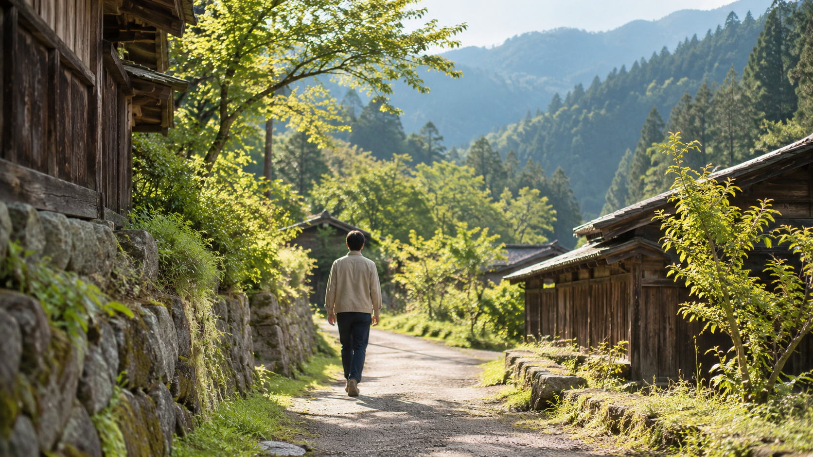 山間の道を歩く現代の架空人物