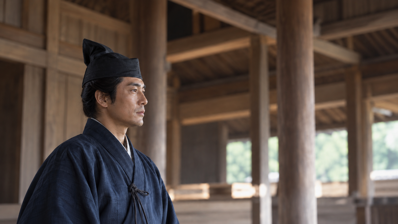木造の建物で、帽子と濃い無地の衣を着けた匿名男性の創作情景