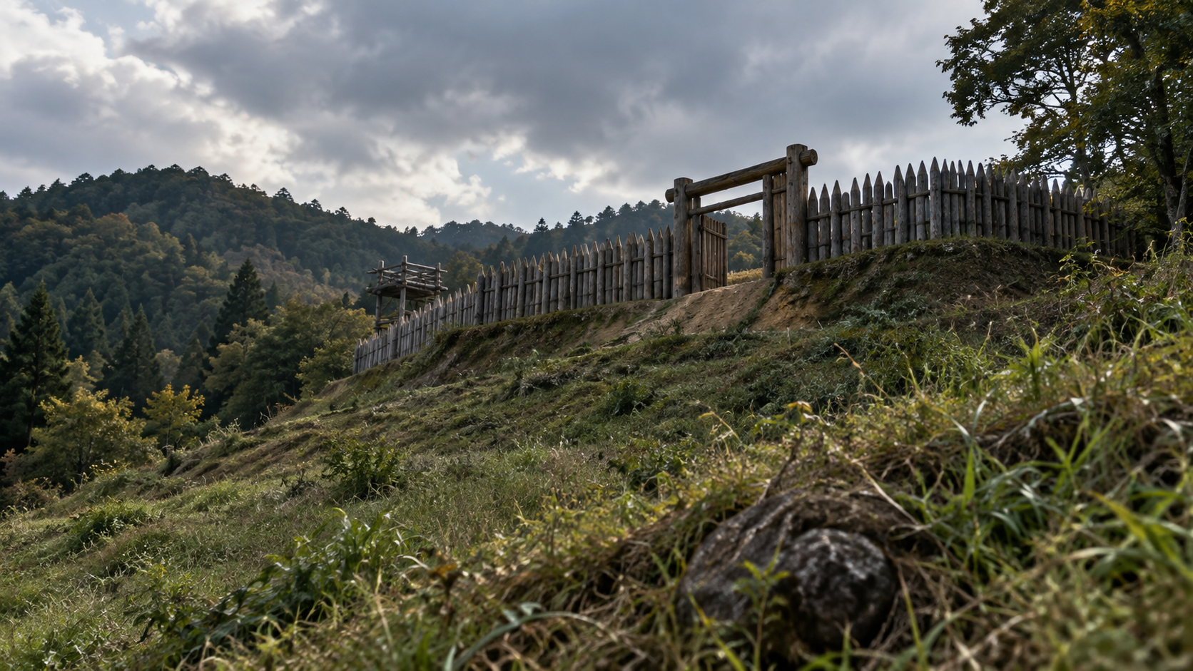 草の斜面の上に、木柵と丸太の門、見張り台を描いた創作景観