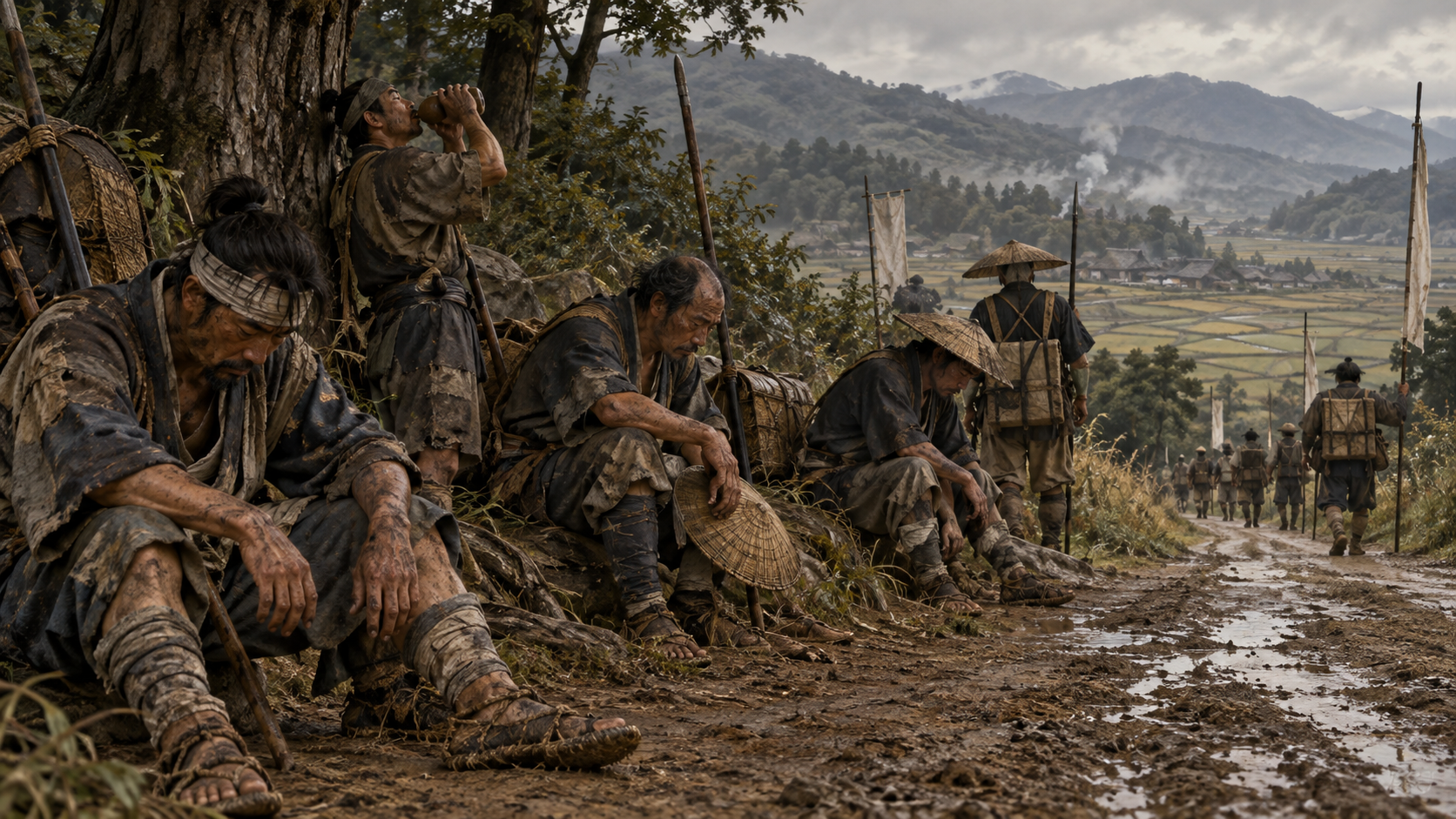 道のそばで休む匿名の歩兵たちを描いた概念画
