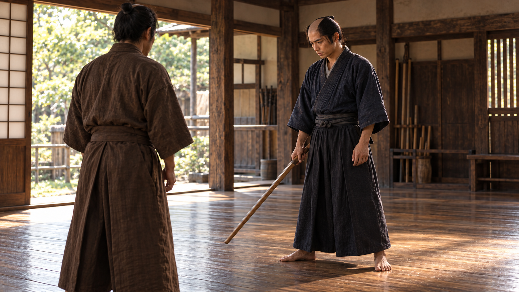 木造の道場で木刀を手に向き合う二人の創作情景