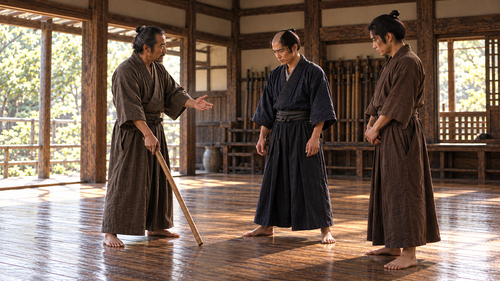 木造の稽古場で三人が向き合う創作情景