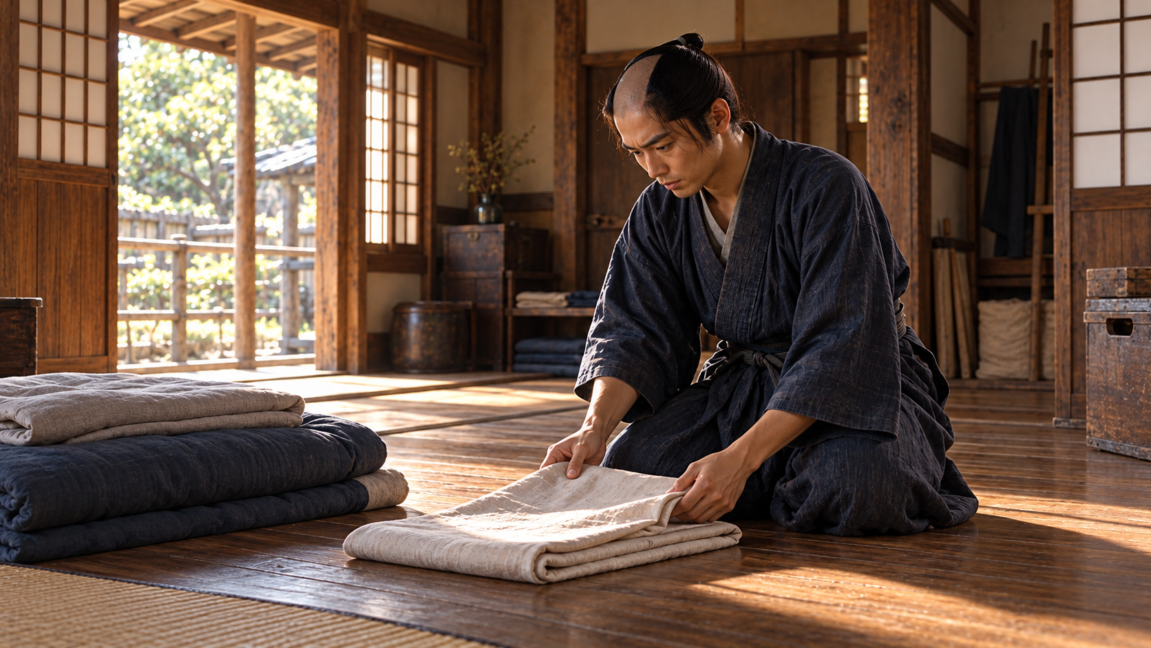 座敷で布を整える匿名男性の創作情景