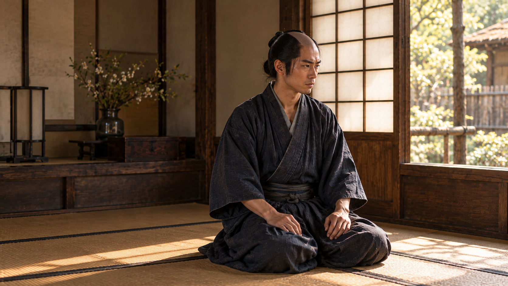 明るい座敷に座る匿名男性の創作情景