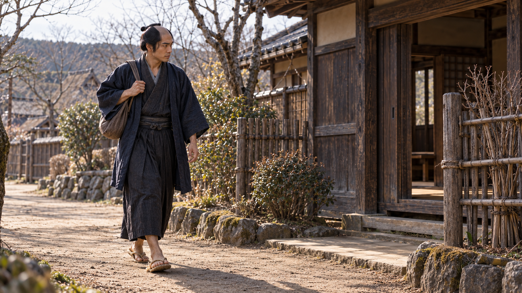 冬の道を歩き家を訪ねる男性の創作情景