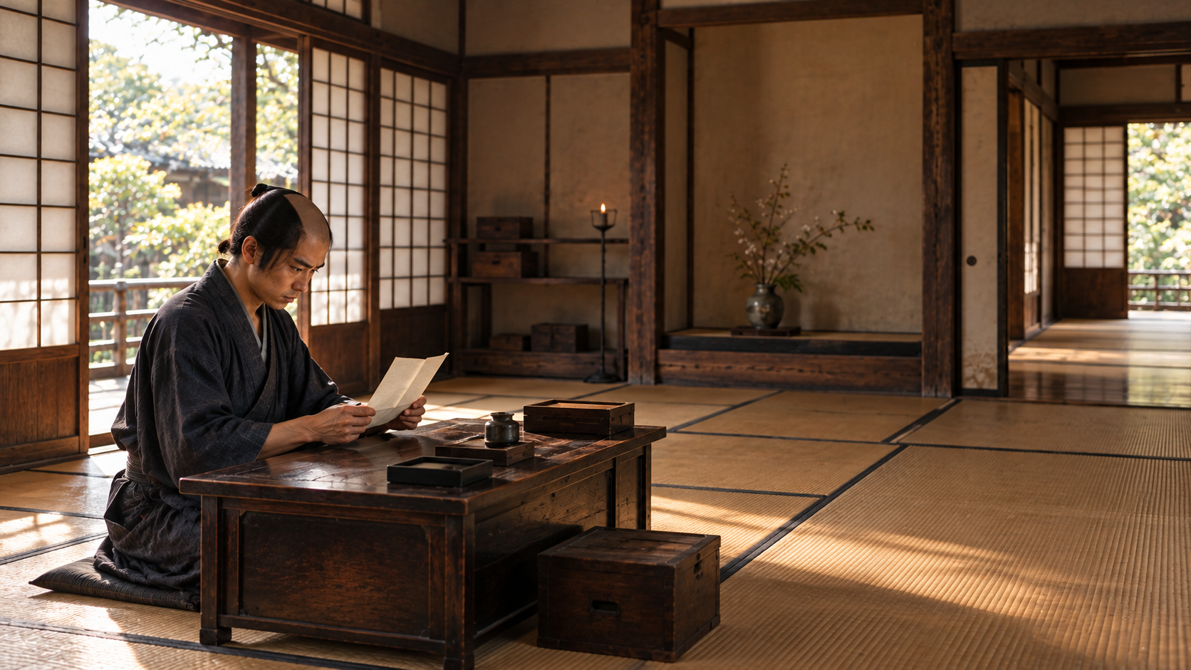 机の前で紙を読む匿名男性の創作情景