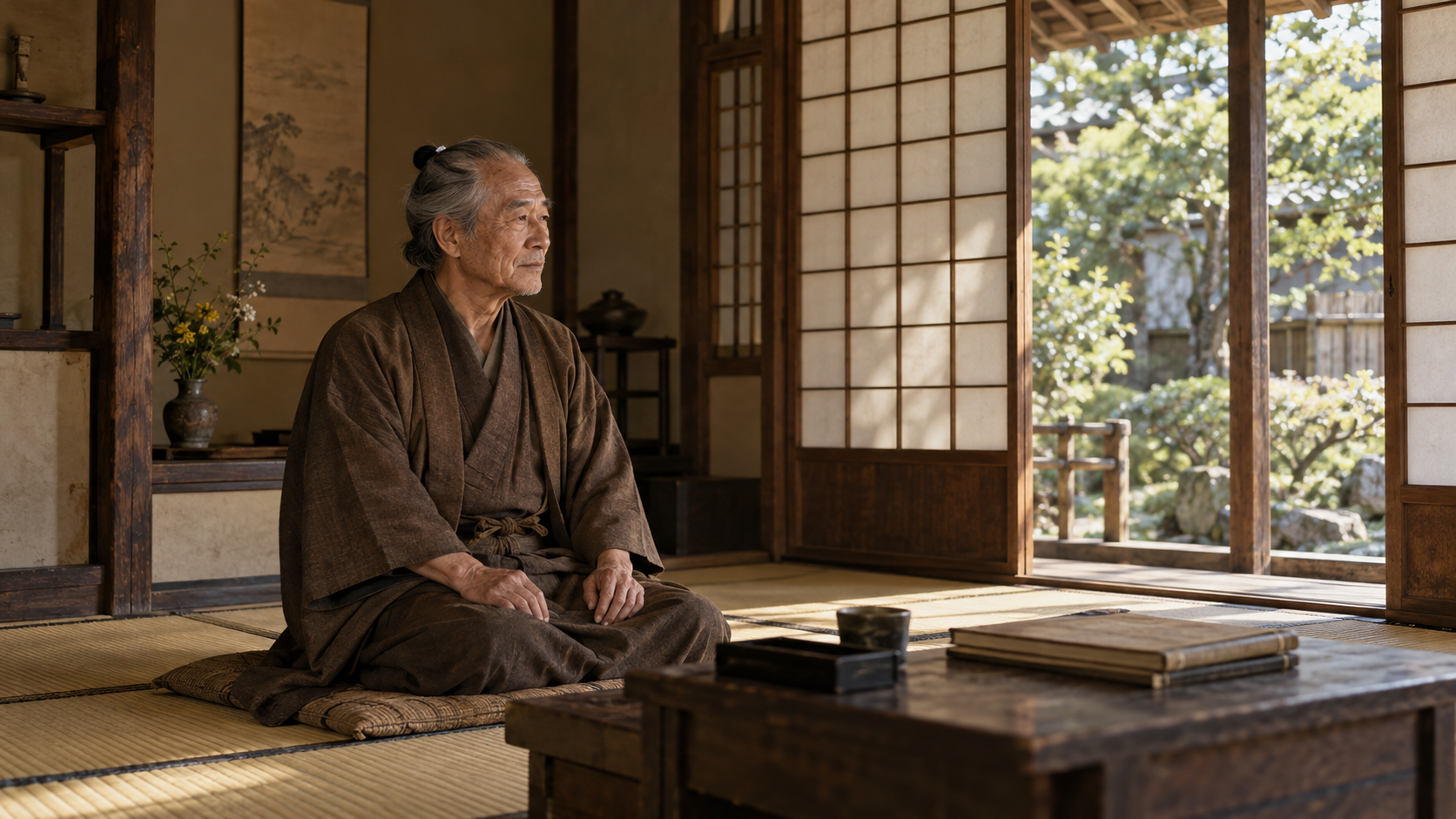 座敷に座る年長男性の創作情景