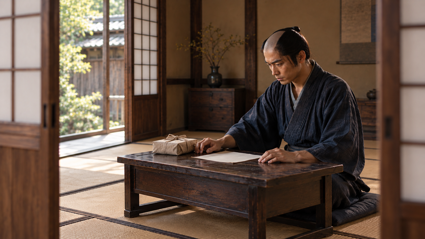 机で手紙を書く匿名男性の創作情景
