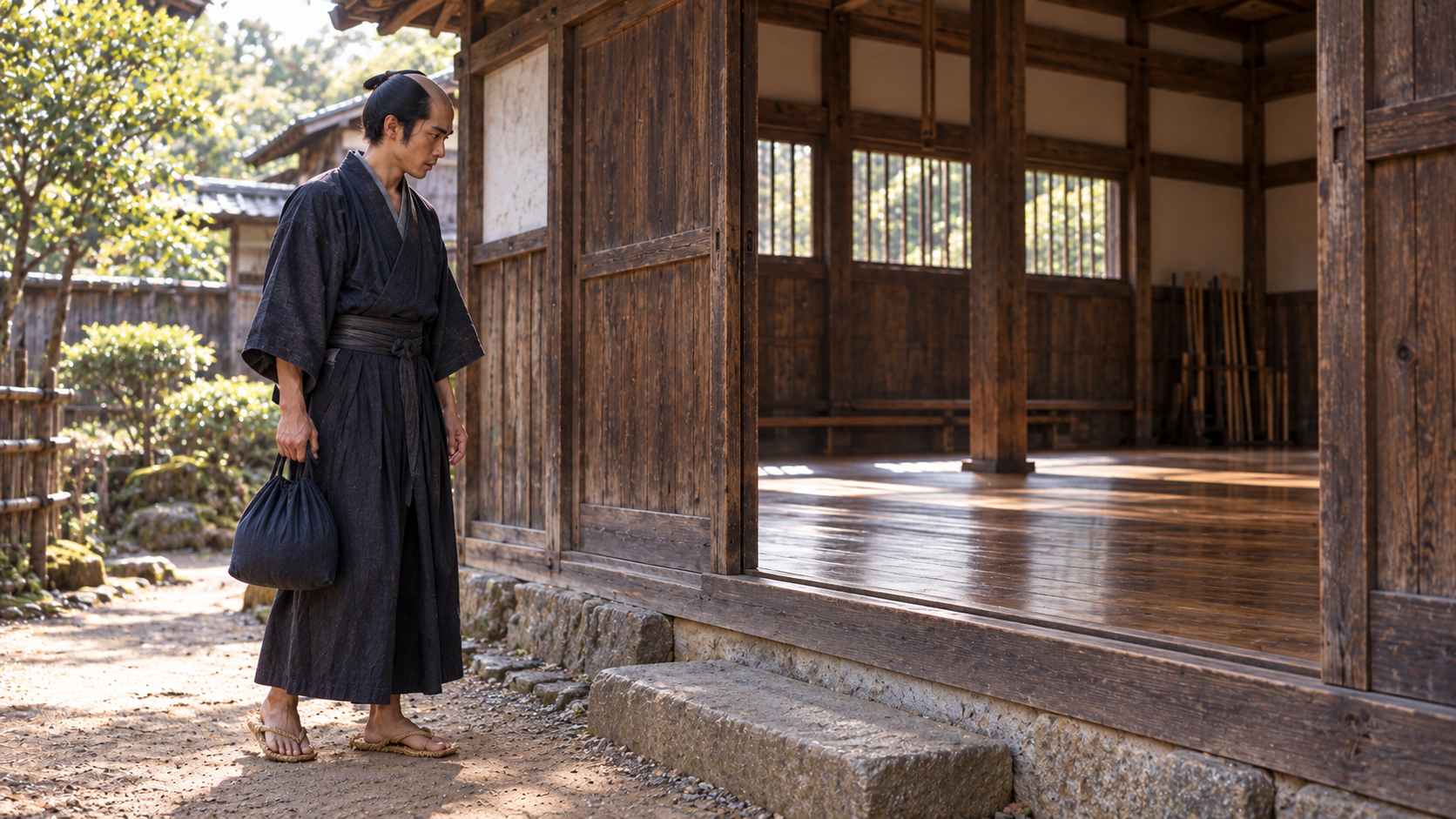 木造の建物の軒先を歩く男性の創作情景