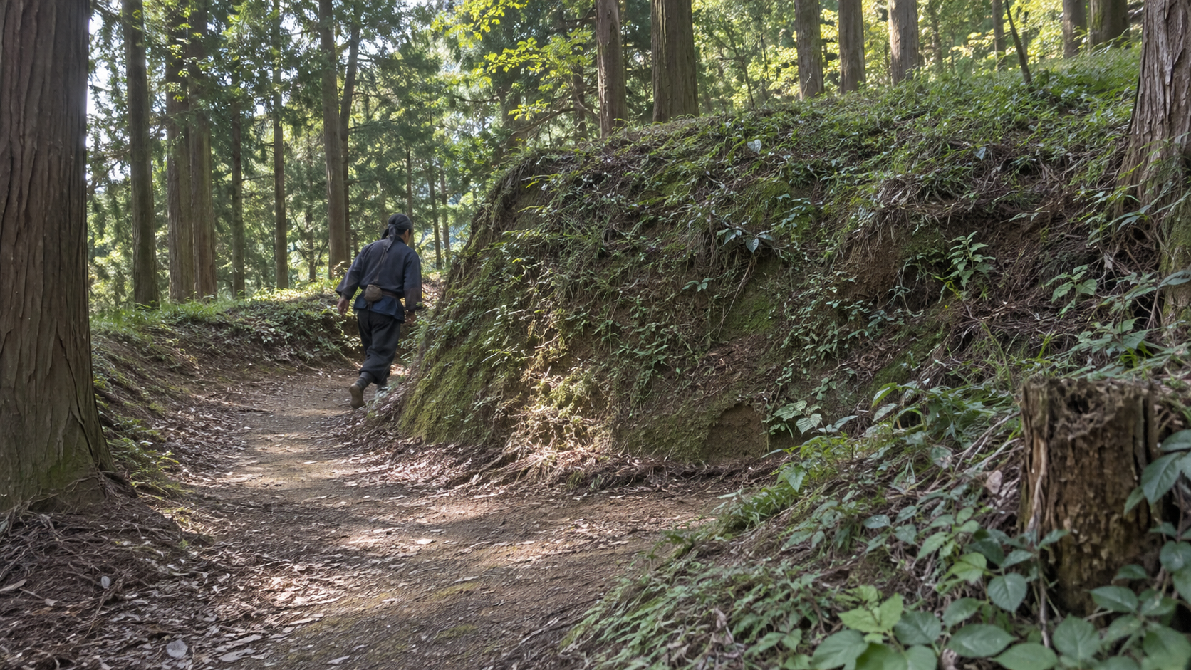 山道と土の斜面の創作情景。四ノ段の実景ではない