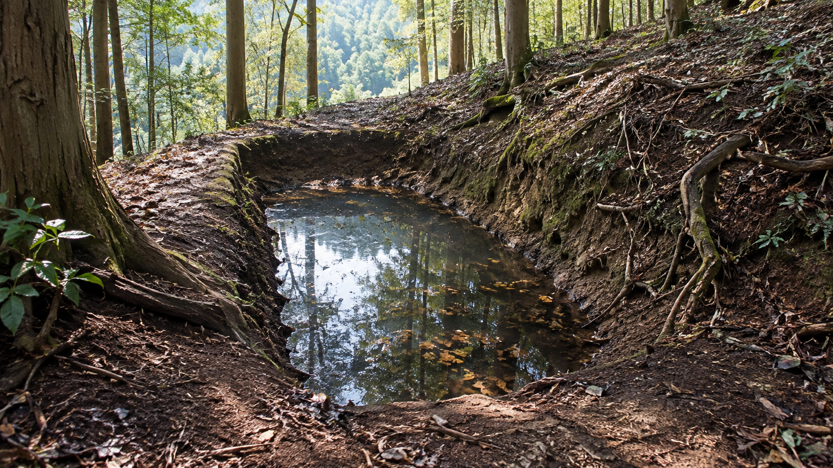 雨水のある土のくぼみの生成情景。岡豊城の井戸の実測復元ではない