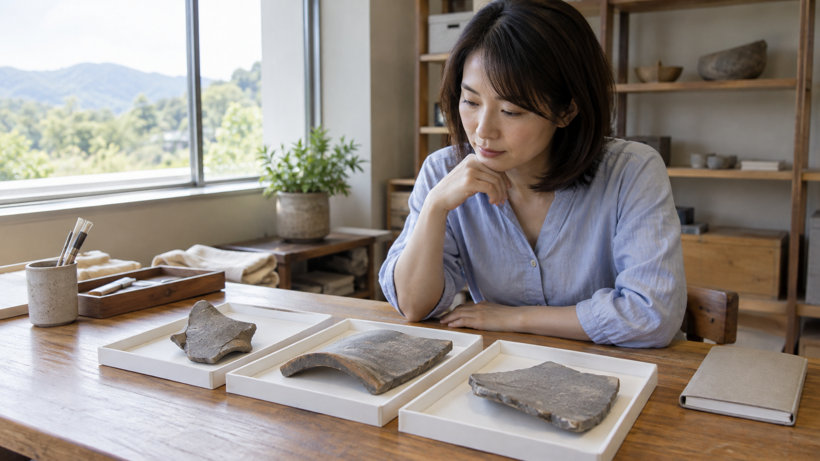 瓦片を考察する現代の架空の研究者。真正の年号瓦ではない