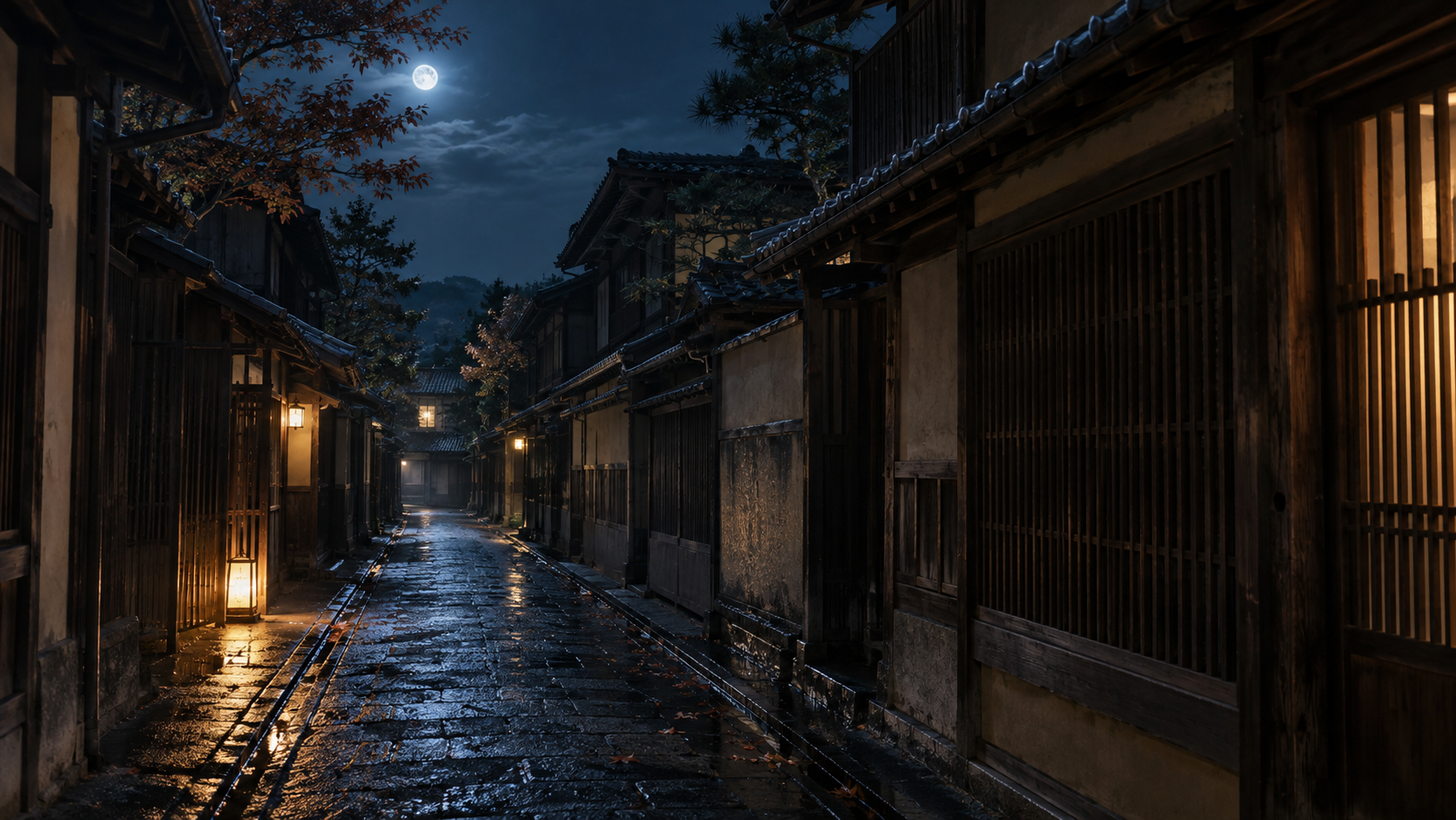 木格子の町家が並ぶ夜の通りの創作情景