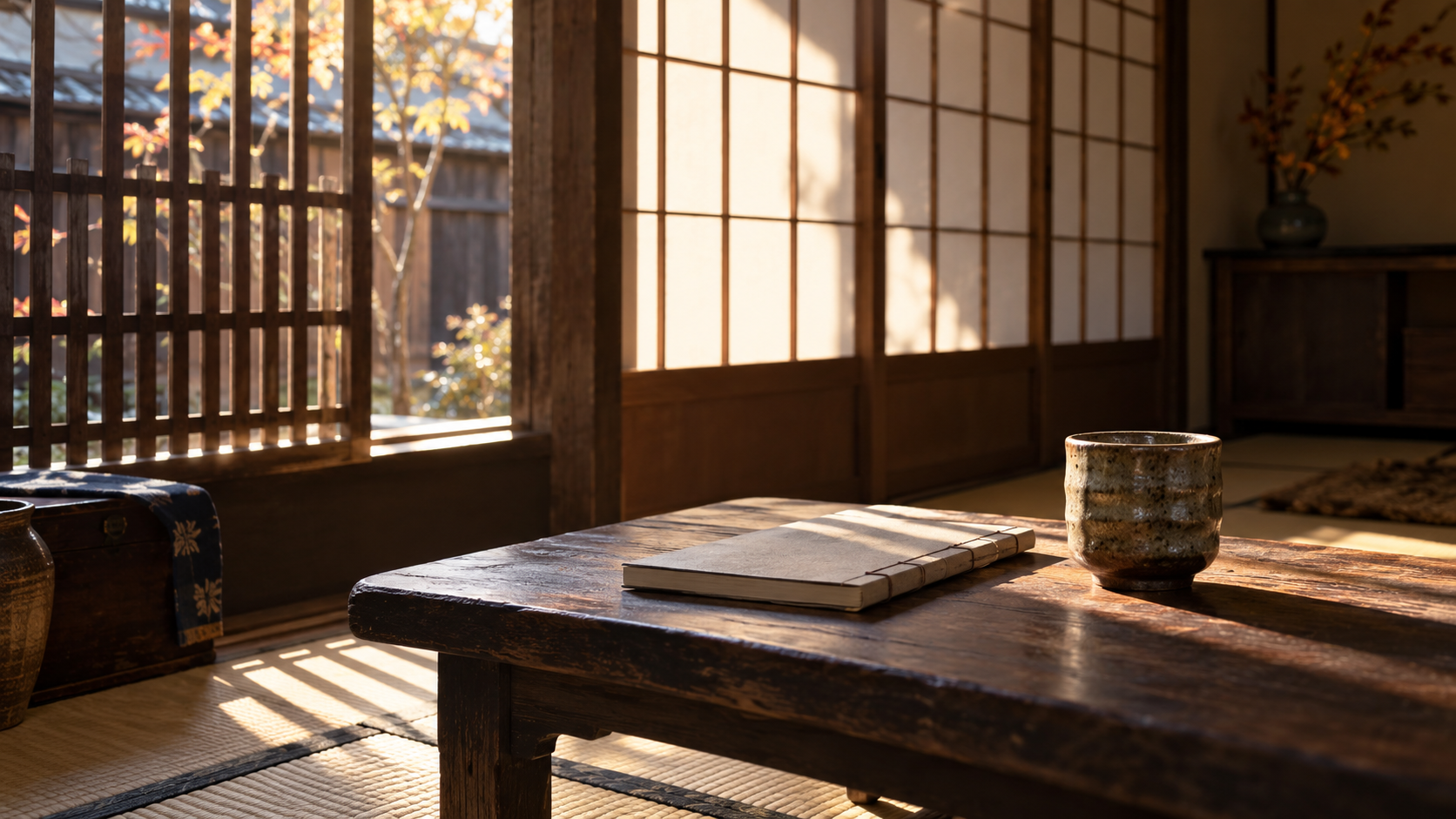 朝日が差す障子と低い机の創作情景
