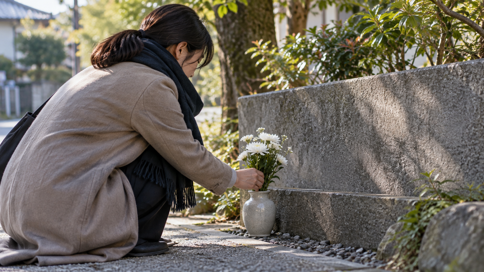 現代の架空の訪問者が無銘の石の前に花を置く情景