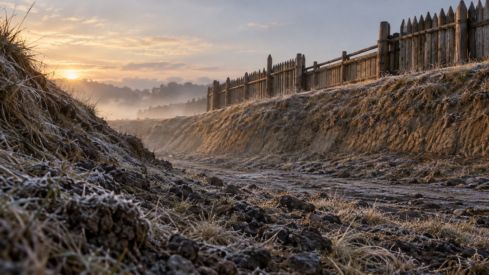 An imagined dry ditch and wooden palisade in morning light.