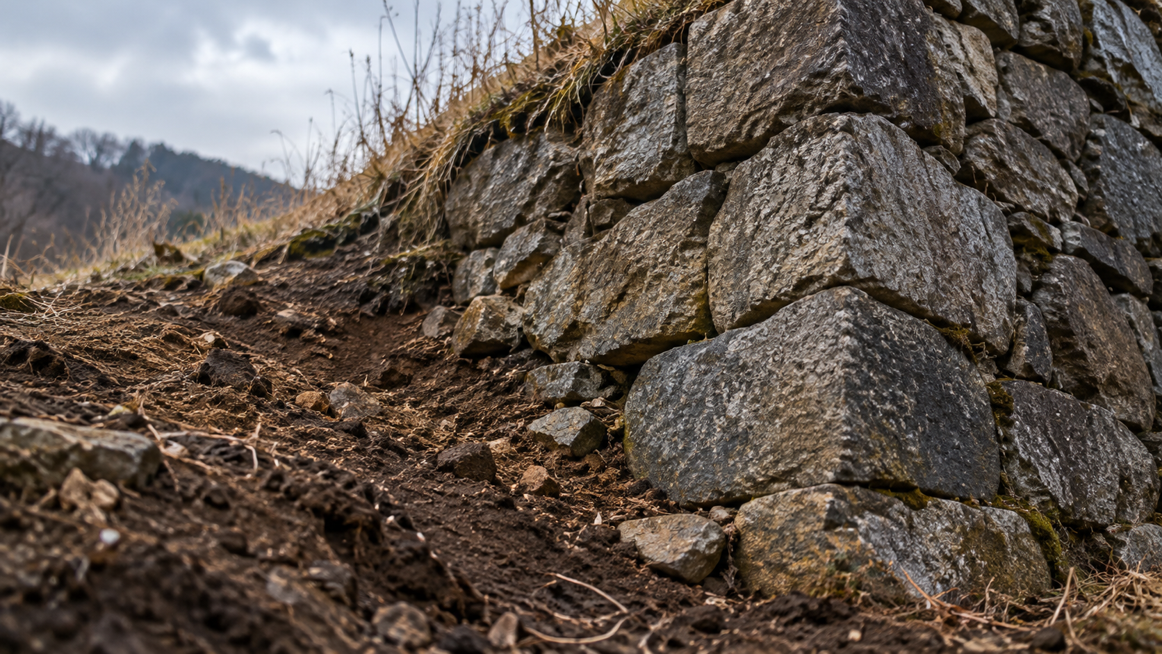 An imagined close view of an earthen slope and stonework.