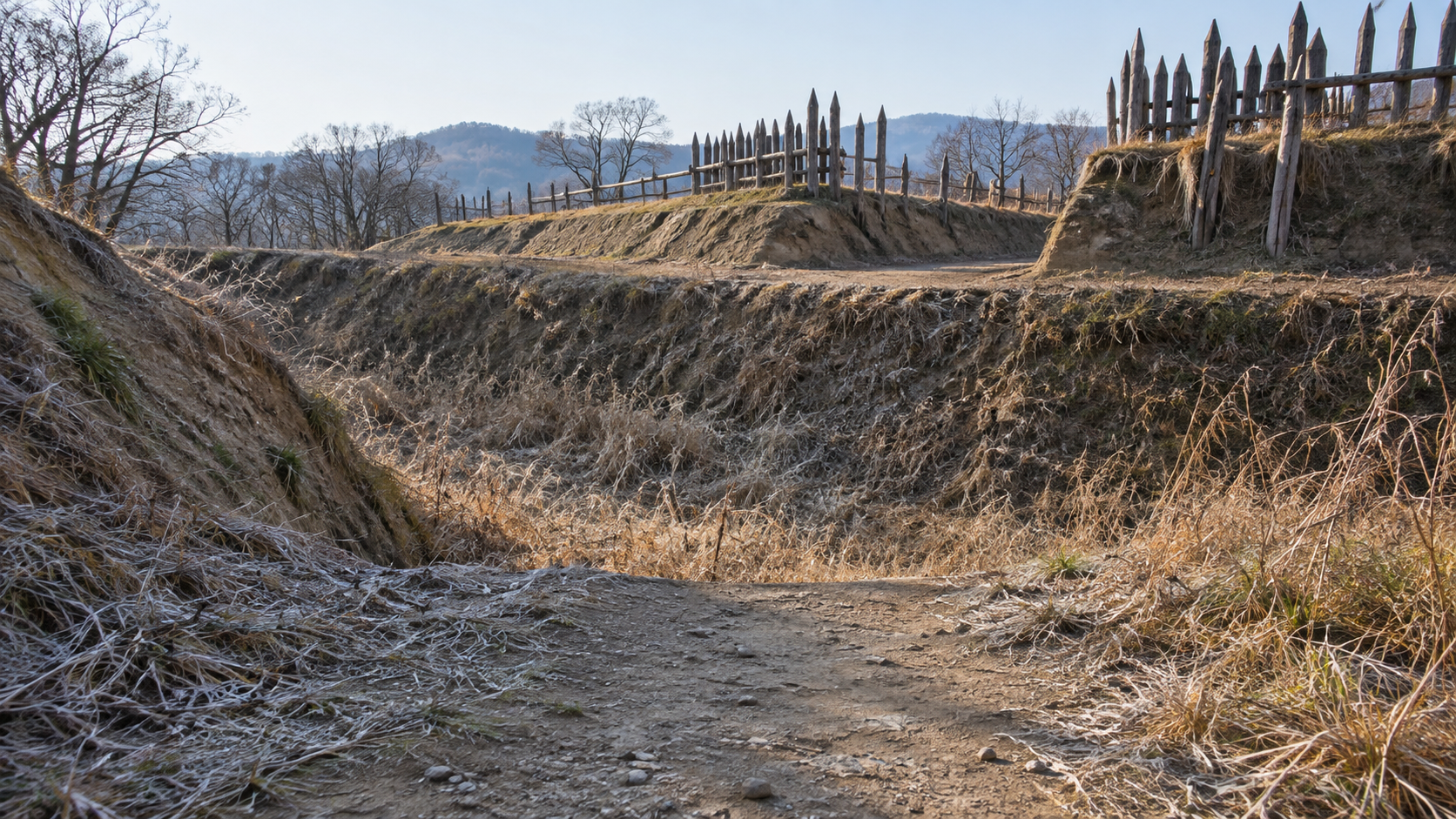 An imagined series of earthworks and wooden fences at different levels.
