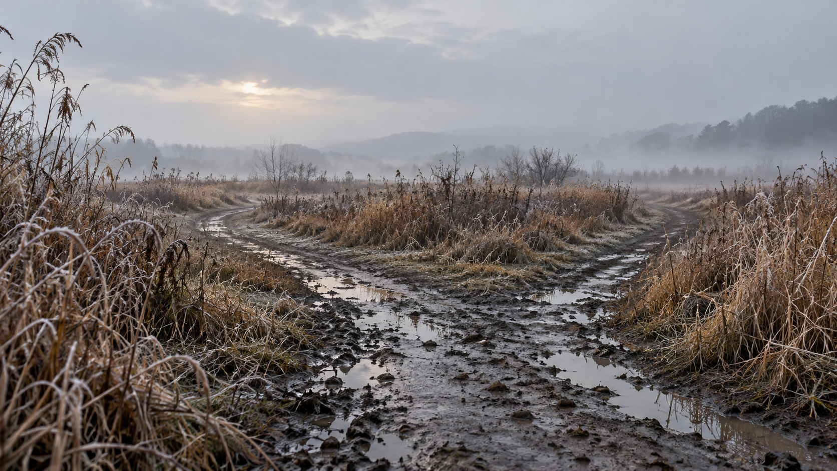 An imagined muddy path through winter grassland.