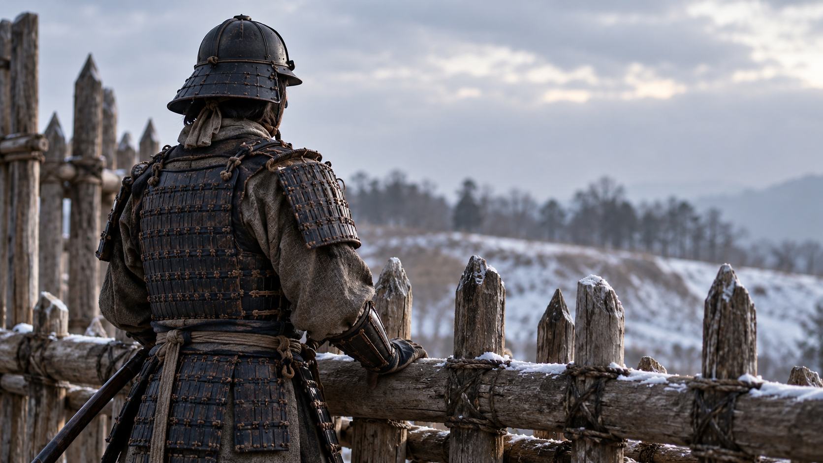 An imagined adult in armour, seen from behind in front of a wooden palisade.