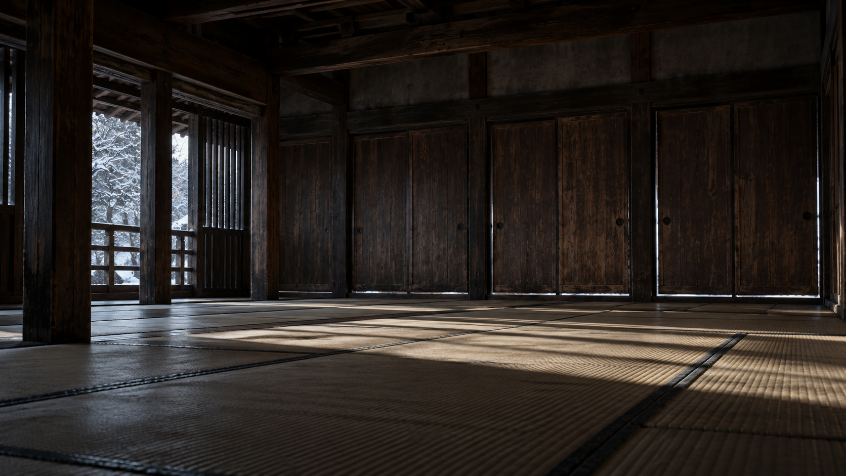 An imagined empty wooden room lit by a window.