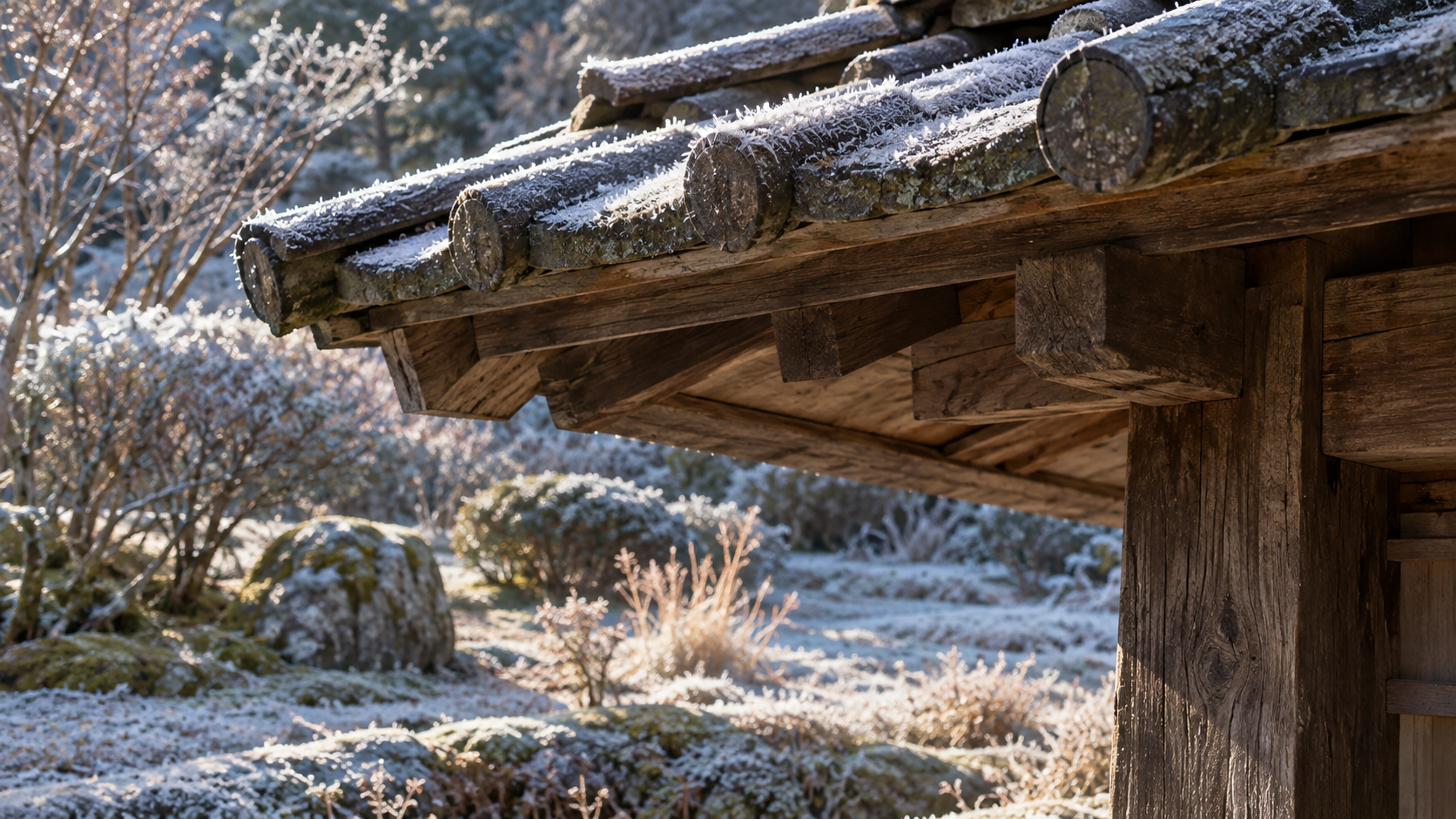 An imagined tiled gateway roof and grass covered in frost.