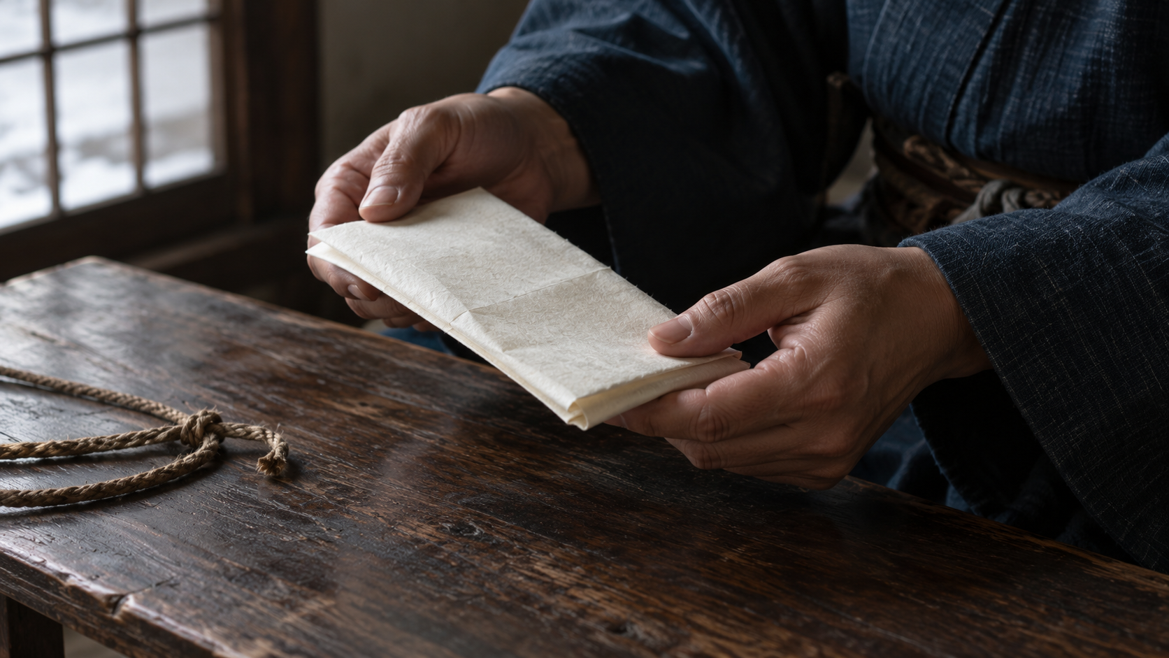 An imagined close view of hands holding an uninscribed sheet above a wooden desk.