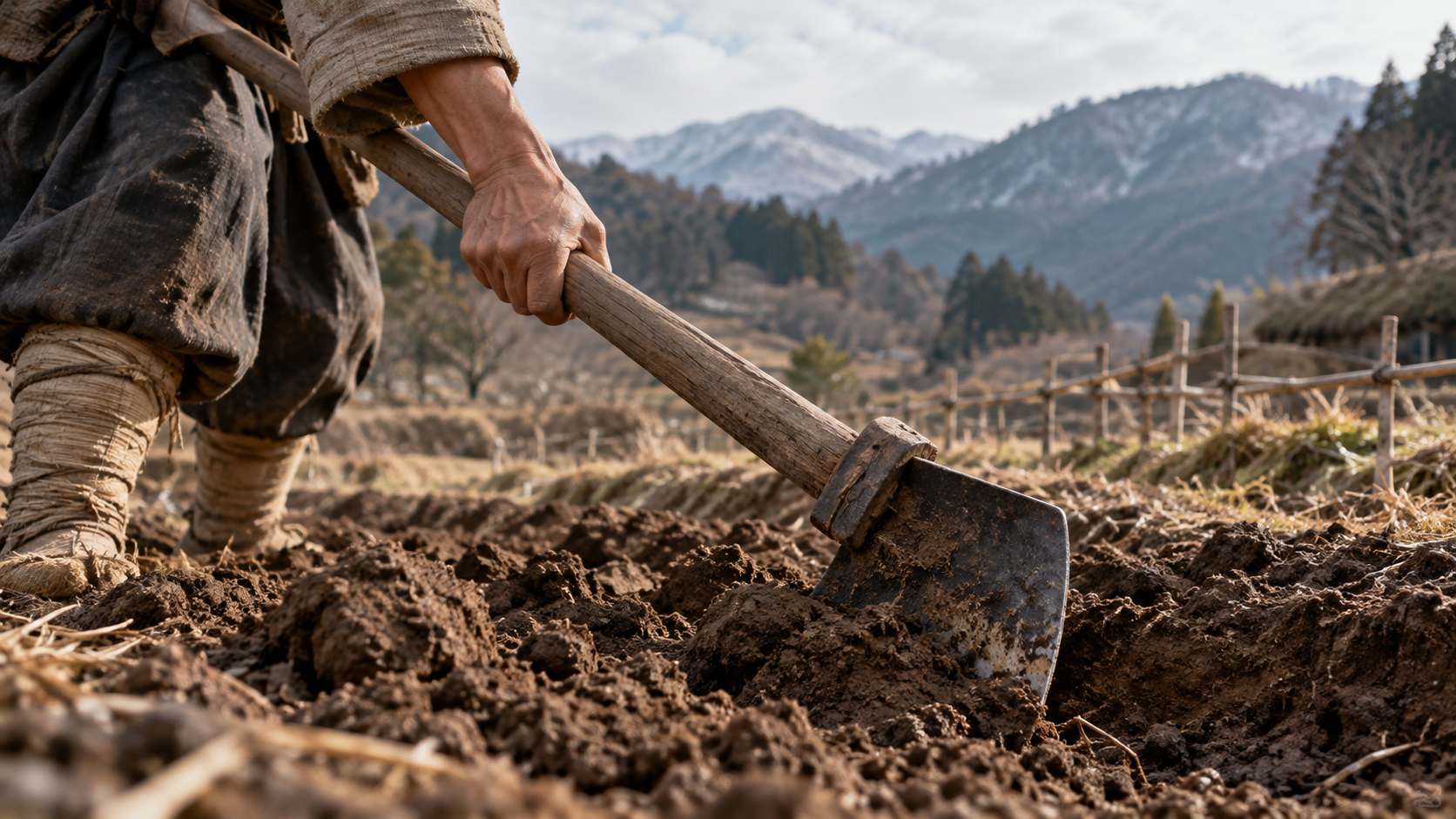An imagined close view of a worker’s hands and feet while digging earth with a hoe.