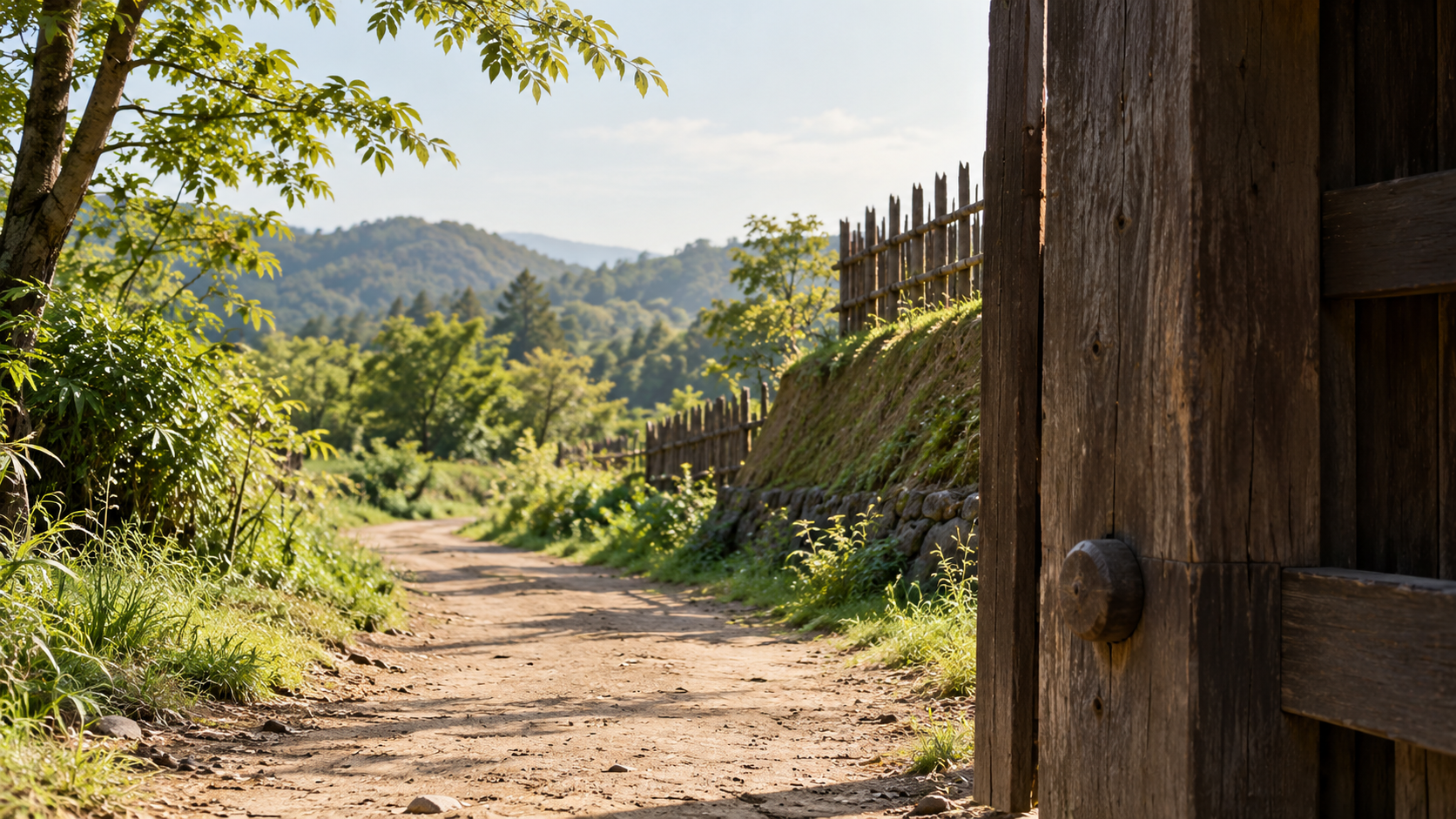 An imagined green path seen beside a wooden gateway.