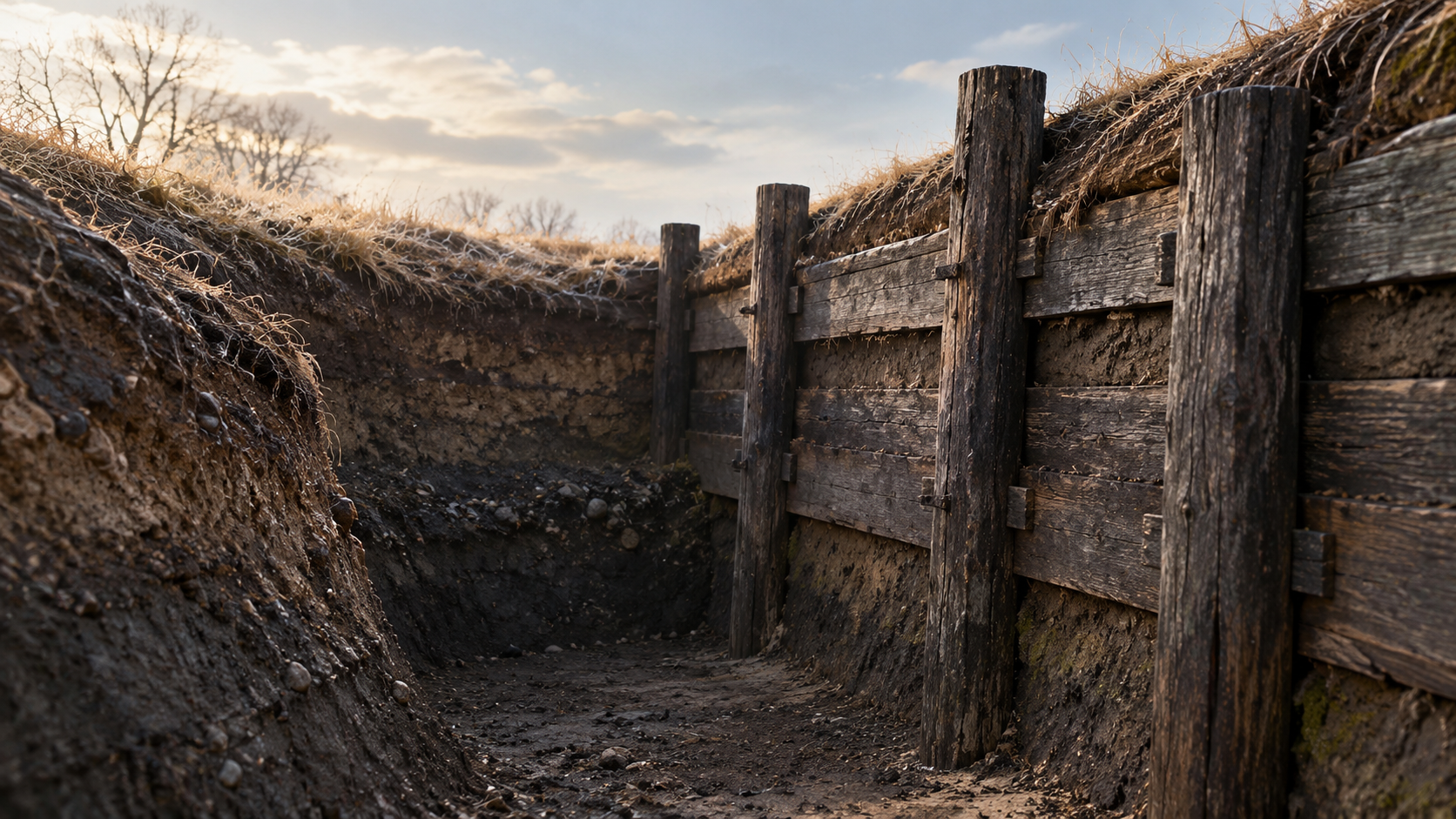 An imagined earthen ditch with wooden boards and stakes along its side.