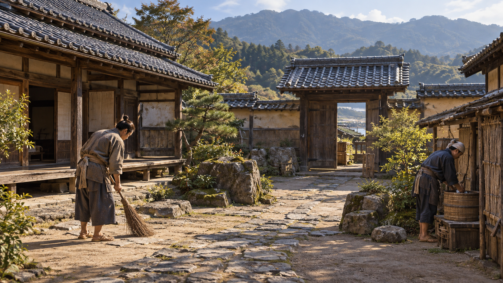 木造の門と石敷きの庭で働く匿名の人々の創作景観