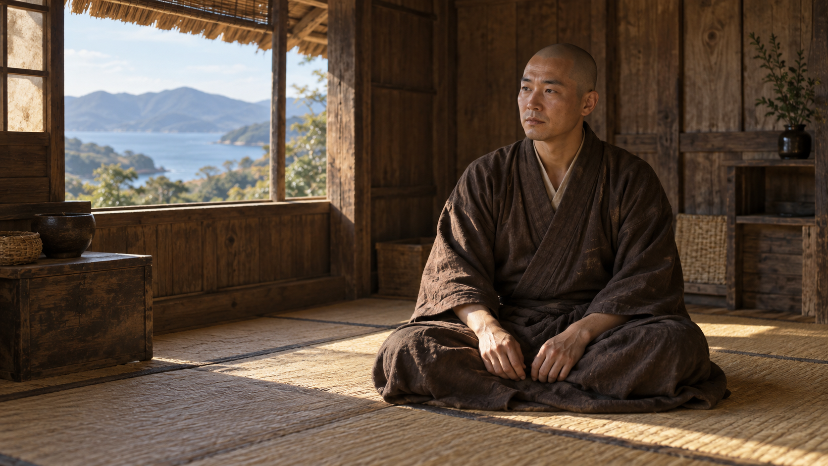 海を望む木造室内で座る剃髪の匿名人物の創作情景