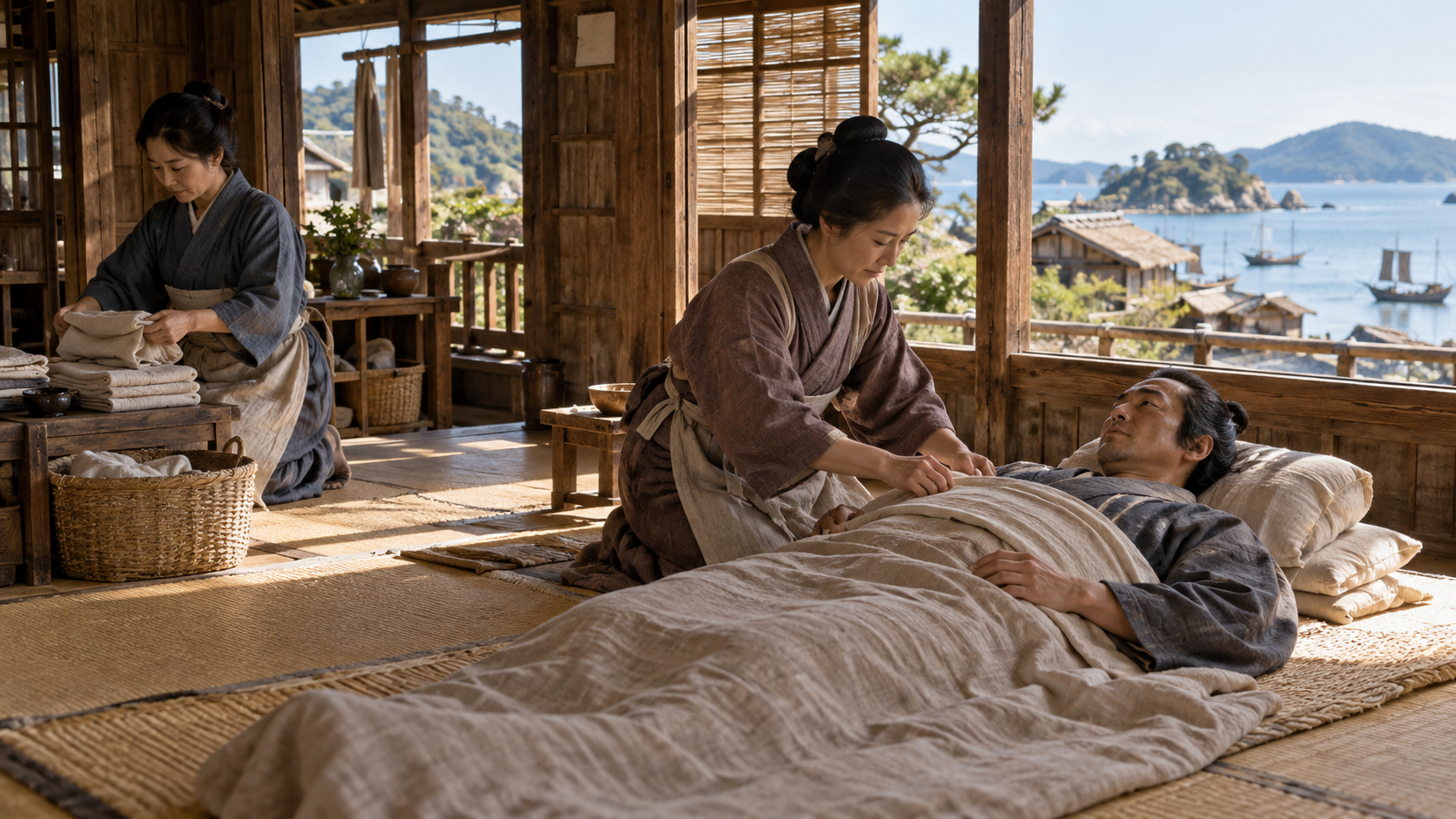 布団で横になる匿名人物のそばで世話をする人々の創作情景