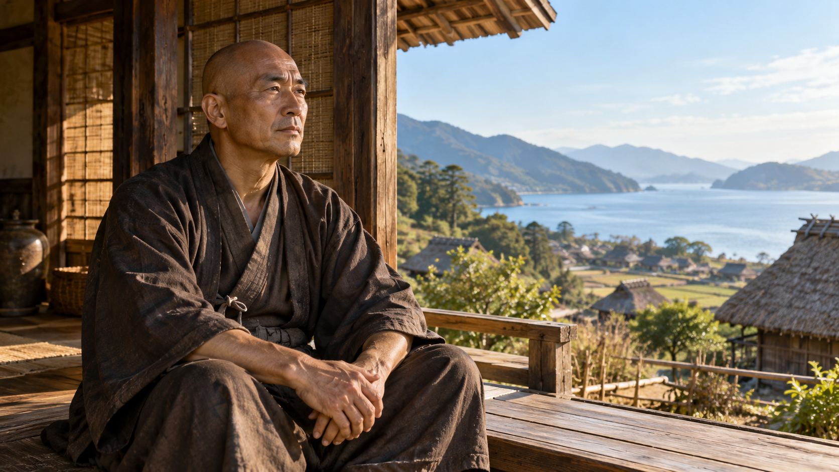 海辺の縁側に腰掛ける剃髪の匿名人物の創作情景
