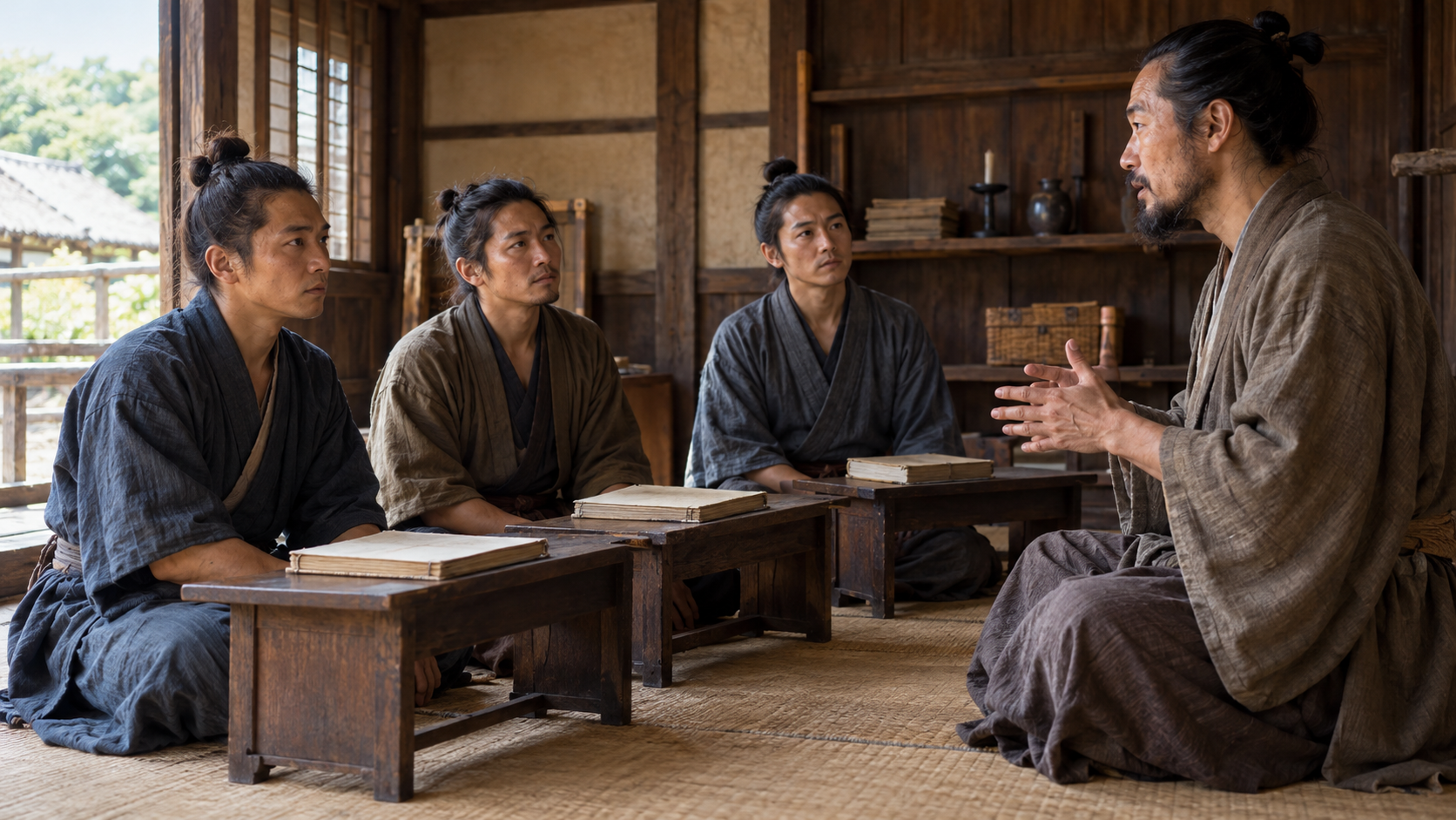 木造の座敷で机を囲み話を聞く匿名の大人たちの創作情景
