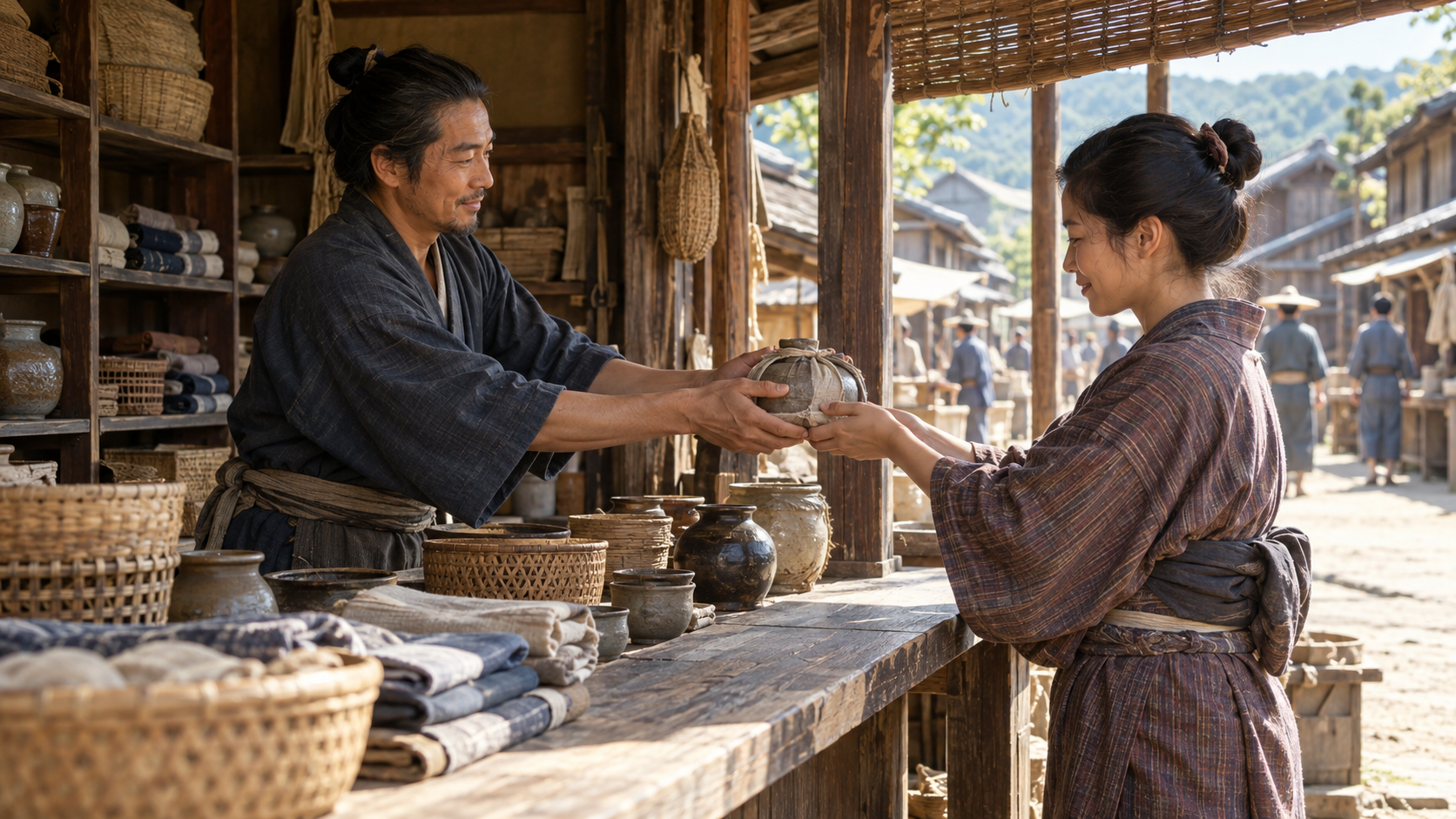 店先で器を受け渡す匿名の大人二人の創作情景