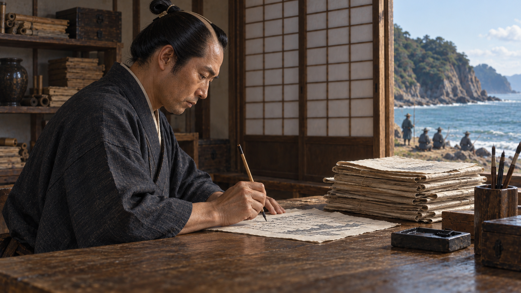 筆で報告を書き留める架空の日本側の役人