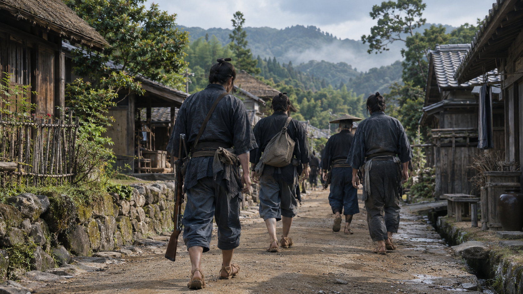 Imagined anonymous adult men walking along an earthen road between low timber houses