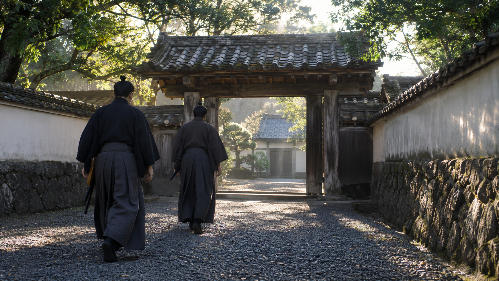 Imagined anonymous domain retainers approaching a timber gate