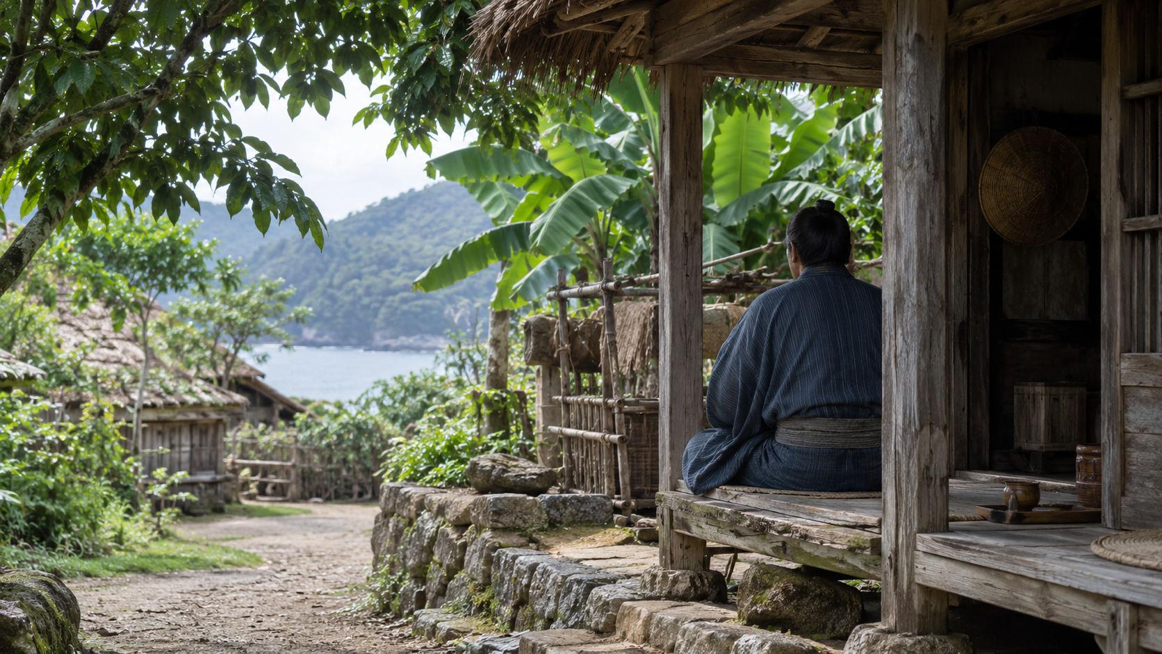 Imagined anonymous man seated at a subtropical timber house