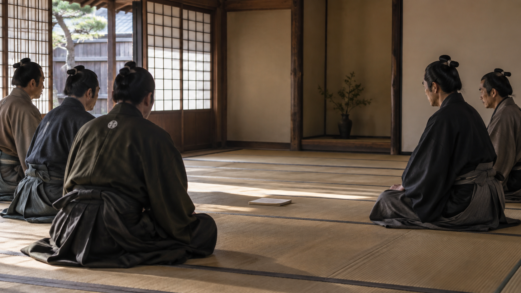 Imagined anonymous warriors facing one another in a tatami room