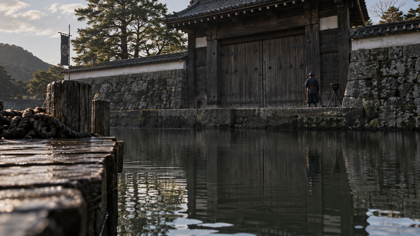 Imagined castle gate and low stonework beside water