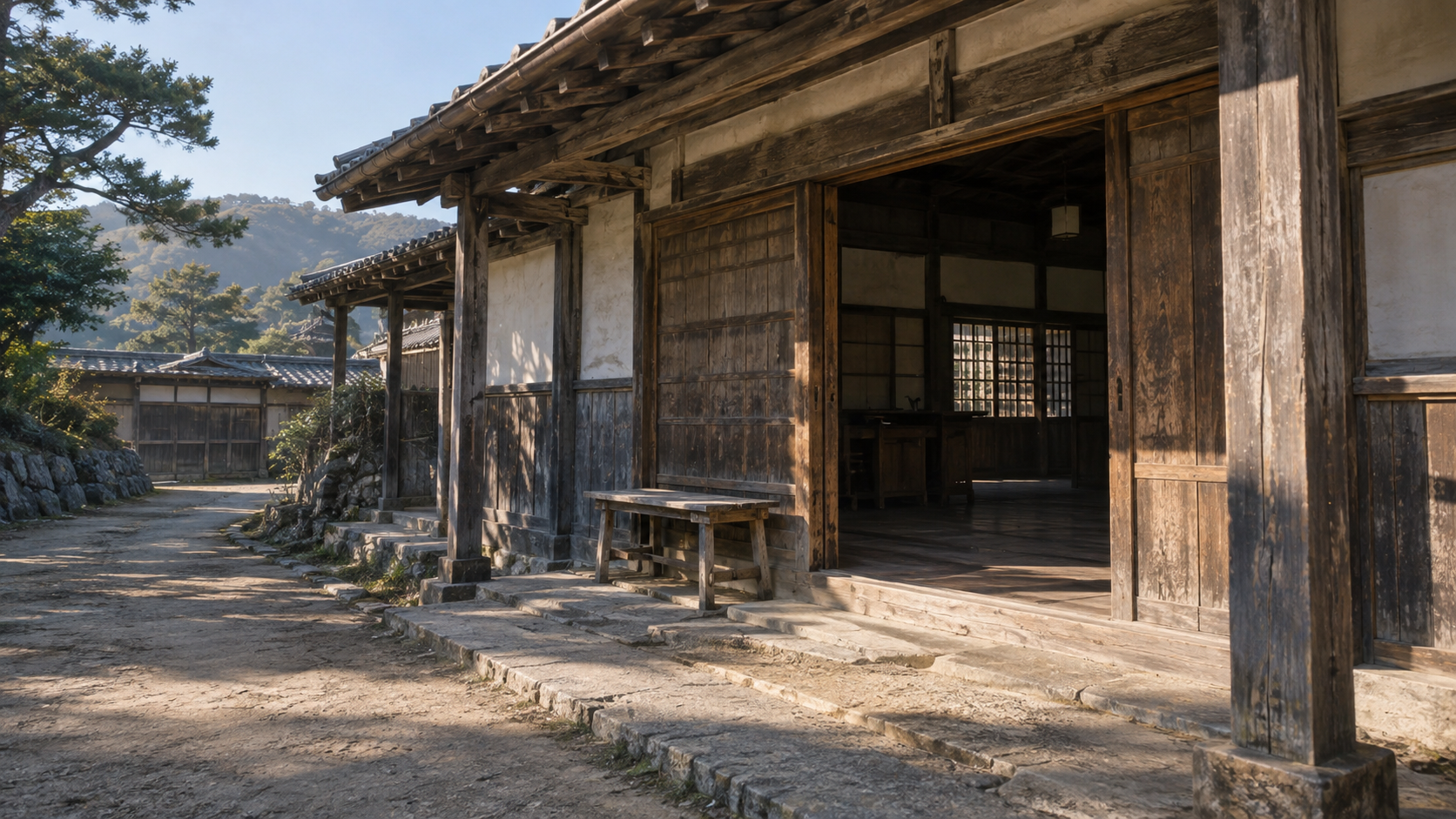 Imagined low timber building evoking an early Meiji government office