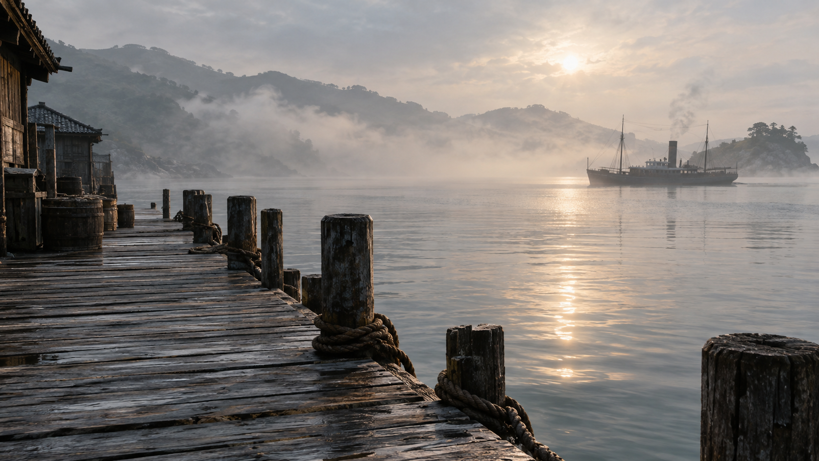 Imagined harbour and steamship evoking the question of an envoy’s destination