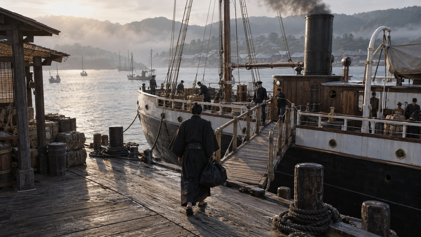 Imagined anonymous adult man approaching a ship from a pier