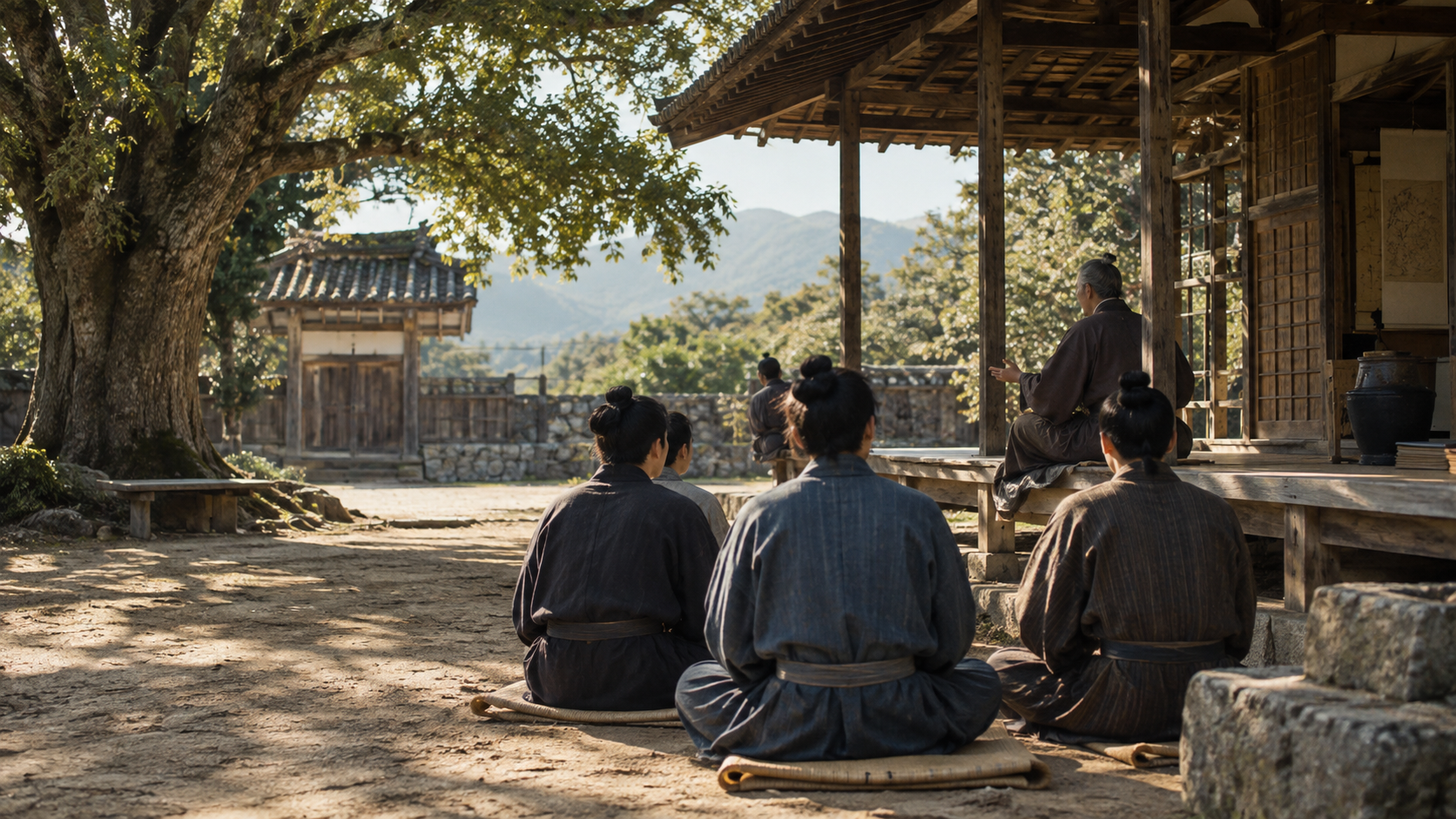 Imagined anonymous adult men gathered at a timber place of learning