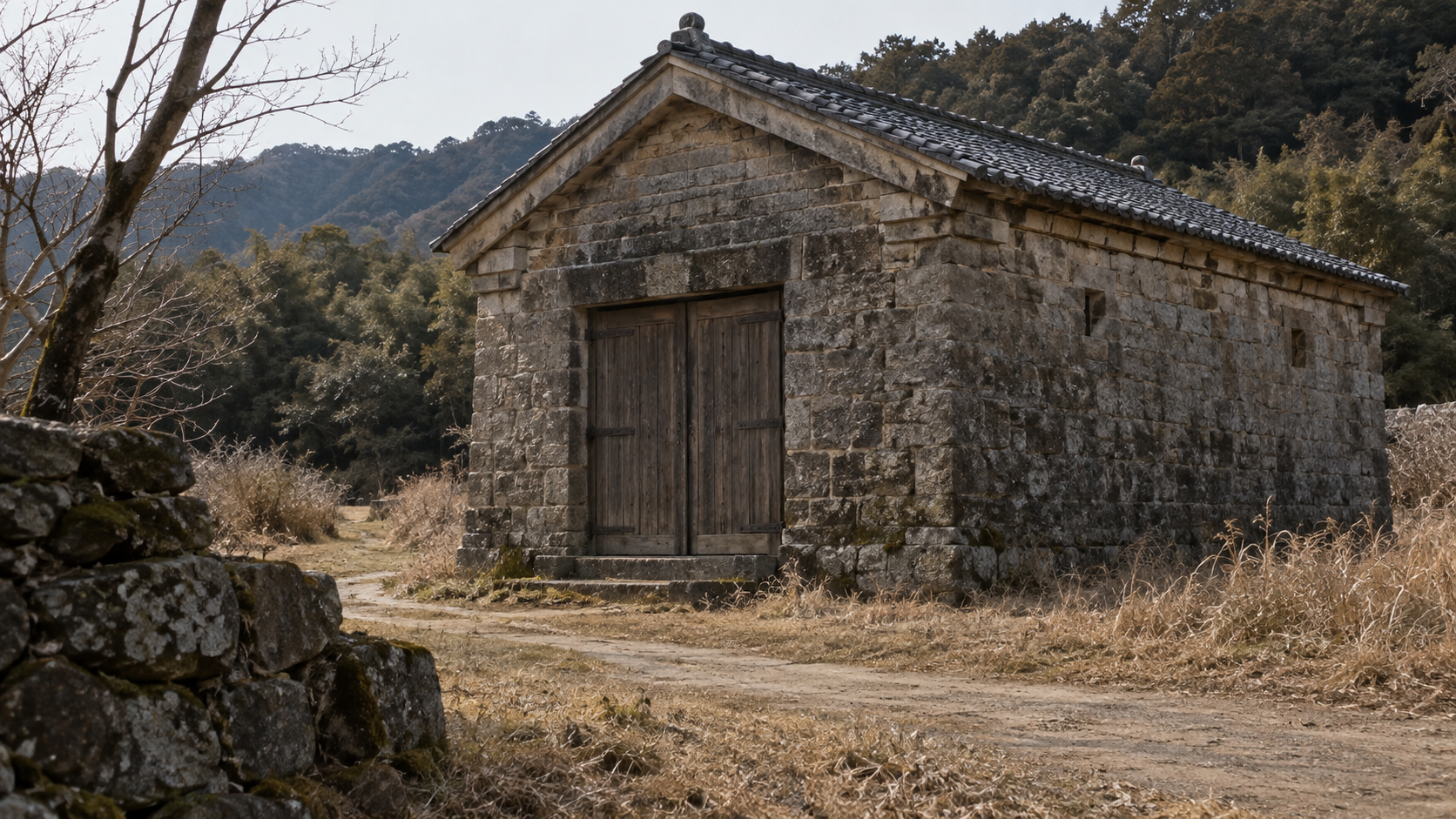 Imagined closed stone storehouse evoking a powder-storage building