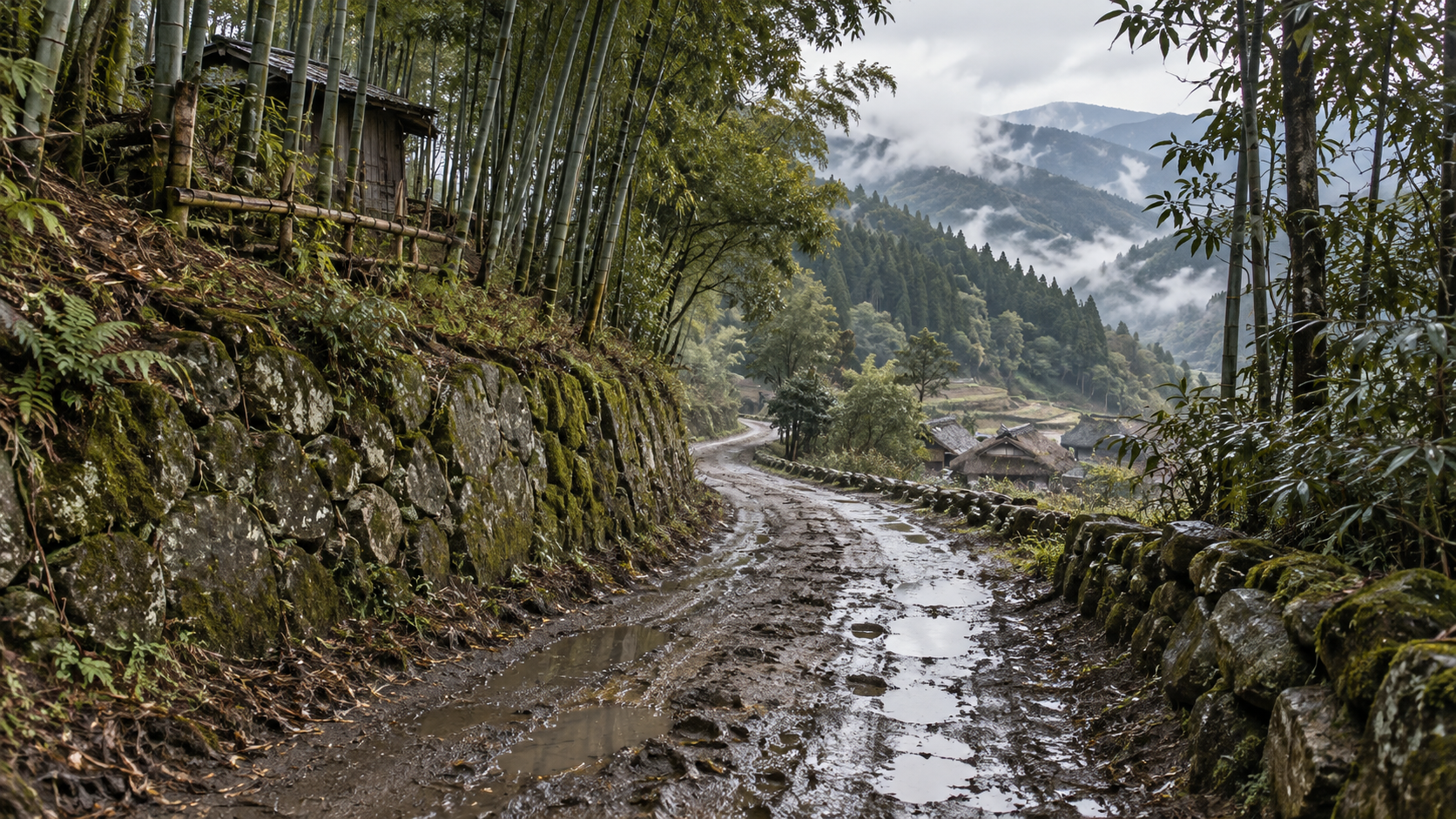 Imagined wet earthen road through hills and timber buildings